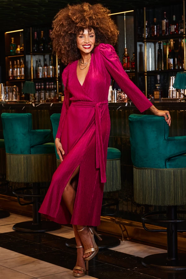 Rich Red Plisse Faux Wrap Midi Dress 1 Rich Red Plisse Faux Wrap Midi Dress