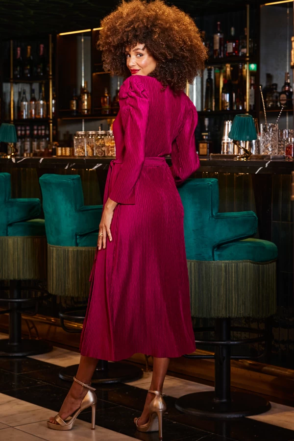 Rich Red Plisse Faux Wrap Midi Dress 4 Rich Red Plisse Faux Wrap Midi Dress - Image 4