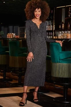 Pewter Metallic Chain Lace Up Detail Midi Dress