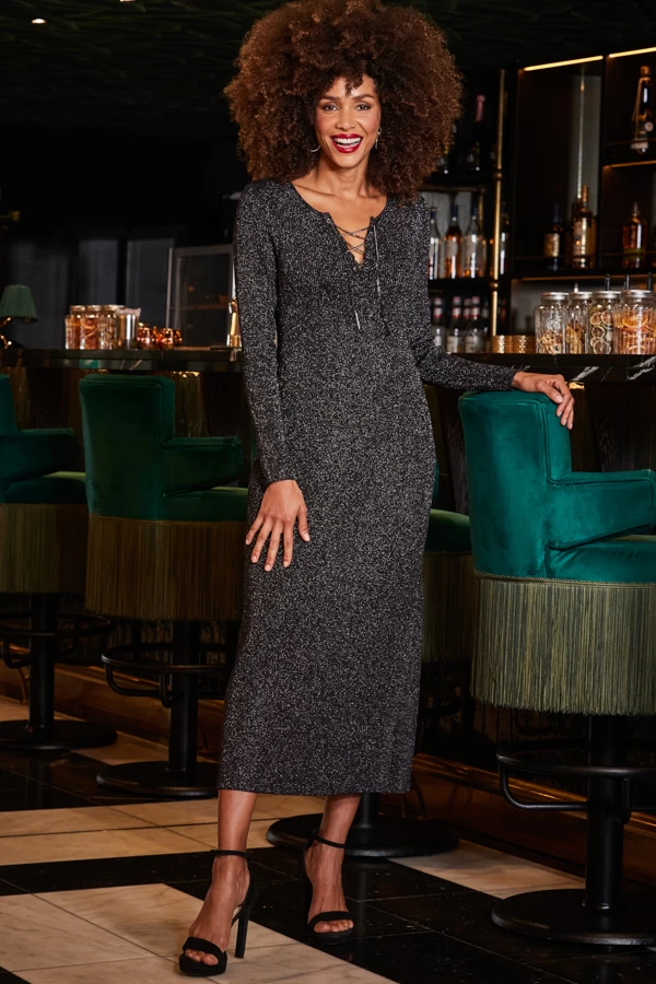 Pewter Metallic Chain Lace Up Detail Midi Dress 1 Pewter Metallic Chain Lace Up Detail Midi Dress