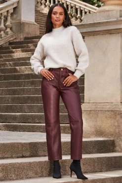 Wine Leather Straight Leg Trousers -Trendora Shop web 2309 252 a22bl020rd0011 203 1