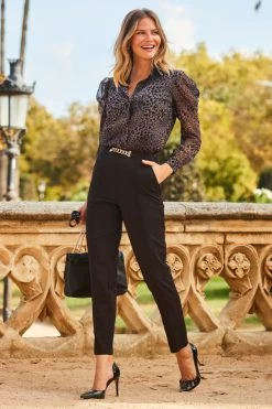 Black Chain Detail Tapered Trousers With Pockets