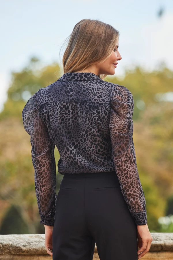 Grey Animal Print Puff Shoulder Sheer Sleeve Shirt 3 Grey Animal Print Puff Shoulder Sheer Sleeve Shirt - Image 3