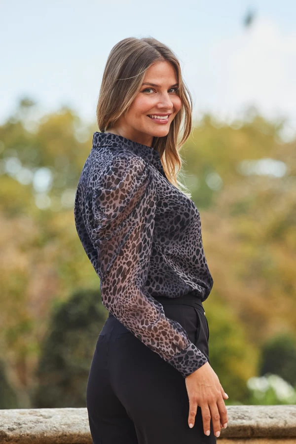 Grey Animal Print Puff Shoulder Sheer Sleeve Shirt 4 Grey Animal Print Puff Shoulder Sheer Sleeve Shirt - Image 4