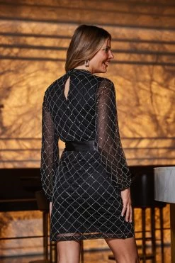 Black Geometric Embellished Belted Shift Dress -Trendora Shop web 2309 33 a23dw019bk0001 33 046