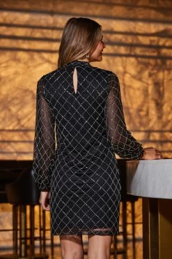 Black Geometric Embellished Belted Shift Dress -Trendora Shop web 2309 33 a23dw019bk0001 33 098