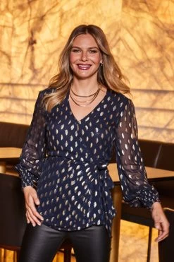 Navy Blue & Gold Metallic Spot Wrap Top -Trendora Shop web 2309 41 a23tw030be0003 41 172