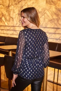 Navy Blue & Gold Metallic Spot Wrap Top -Trendora Shop web 2309 41 a23tw030be0003 41 183