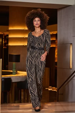 Brown & Black Geometric Print Wide Leg Jumpsuit With Belt 12 Brown & Black Geometric Print Wide Leg Jumpsuit With Belt -Trendora Shop web 2309 48 a23jj006bkcv01 48 105