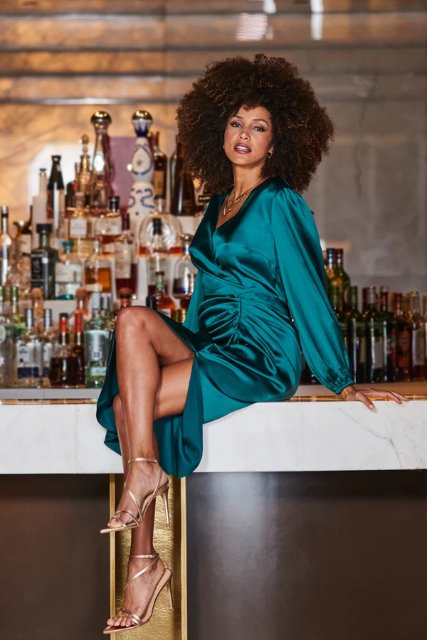 Emerald Green Satin Wrap Front Ruched Midi Dress 6 Emerald Green Satin Wrap Front Ruched Midi Dress - Image 6