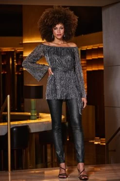 Pewter Metallic Plisse Bardot Belted Jersey Top -Trendora Shop web 2309 55 a23tj027mc0012 a23bd013mc0011 55 002