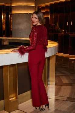 Ruby Red Sequin Two Part Feather Trim Kick Flare Jumpsuit -Trendora Shop web 2309 62 a23jw010rd0001 62 134