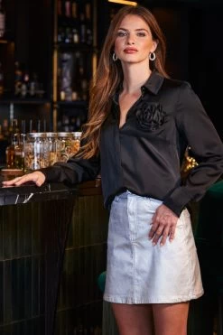 Black Luxe Satin Corsage Detail Shirt 8 Black Luxe Satin Corsage Detail Shirt -Trendora Shop web 2309 68 a23sd008mc0005 a23tw054bk0001 68 002 1