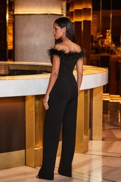 Black Bardot Feather Trim Jumpsuit -Trendora Shop web 2309 73 a23jj001bk0001 73 121