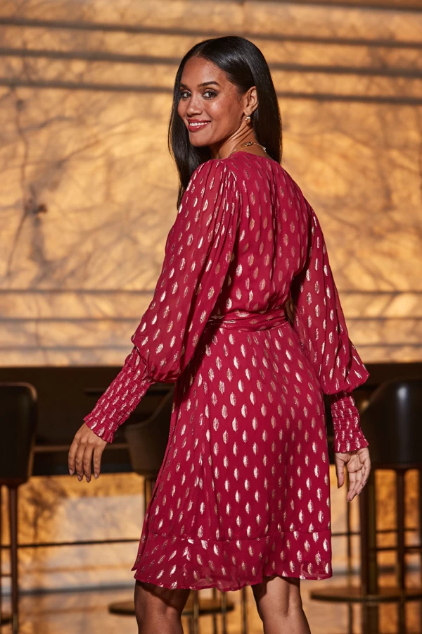 Raspberry Pink & Gold Metallic Spot Print Belted Wrap Dress 3 Raspberry Pink & Gold Metallic Spot Print Belted Wrap Dress - Image 3