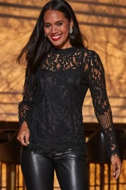 Black Luxe Lace High Neck Top -Trendora Shop web 2309 82 s23ow023bk0001 a23tw012bk0001 a23bl002bk0001 82 030