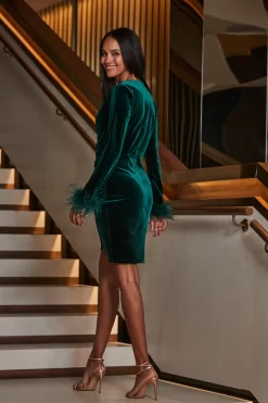 Emerald Green Velvet Feather Cuff Wrap Pencil Dress 8 Emerald Green Velvet Feather Cuff Wrap Pencil Dress -Trendora Shop web 2309 83 a23dv006gr0001 83 095