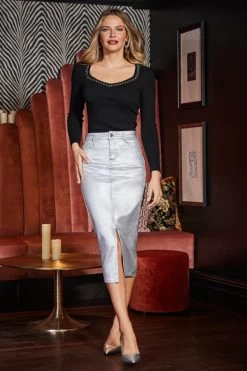 Silver Metallic Pencil Midi Skirt