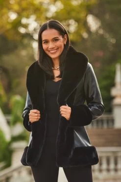 Black Faux Leather Coat With Faux Fur Trim -Trendora Shop web 2309 88 a23op007bk0001 a23bj002bk0001 a20tk001bk0001 88 058