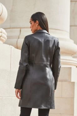 Black Premium Leather Longline Coat -Trendora Shop web 2309 97 a23ol004bk0001 s21ac024blan010one 97 240