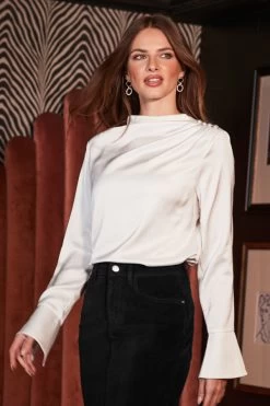 Ivory Satin Cowl Neck Button Detail Blouse
