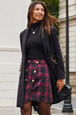 Red & Black Checked A-Line Skirt With Button Detail 8 Red & Black Checked A-Line Skirt With Button Detail -Trendora Shop web 2310 02 a23sw020rdch01 a23ow007bk0001 02 063