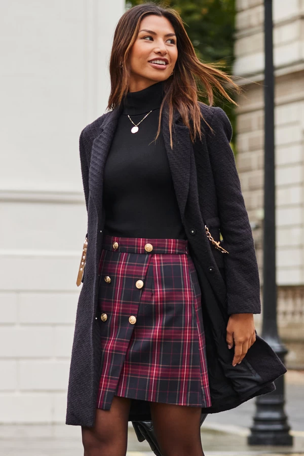 Red & Black Checked A-Line Skirt With Button Detail 3 Red & Black Checked A-Line Skirt With Button Detail - Image 3