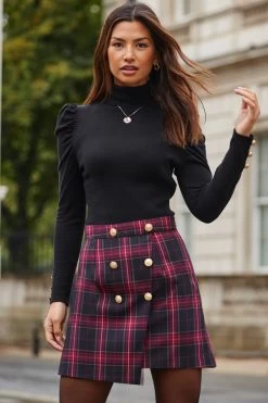 Red & Black Checked A-Line Skirt With Button Detail
