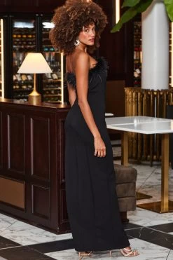 Black Split Detail Feather Trim Jersey Maxi Dress -Trendora Shop web 2310 06 a23dj034bk0001 06 127