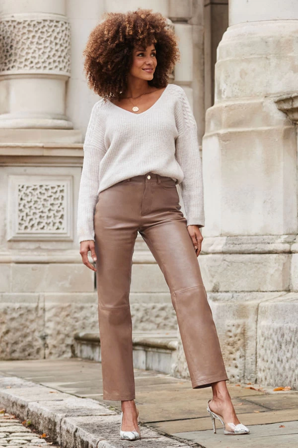 Taupe Leather Straight Leg Trousers 1 Taupe Leather Straight Leg Trousers