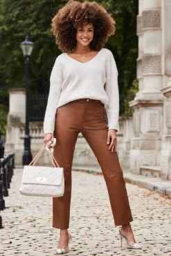 Tan Leather Straight Leg Trousers -Trendora Shop web 2310 20 a22bl020bn0004 a20tk067bn0003 20 020