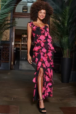 Black & Pink Floral Print Ruffle Detail Maxi Dress -Trendora Shop web 2310 25 a23dw128bkfl01 25 002