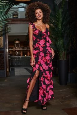 Black & Pink Floral Print Ruffle Detail Maxi Dress