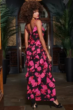 Black & Pink Floral Print Ruffle Detail Maxi Dress -Trendora Shop web 2310 25 a23dw128bkfl01 25 149