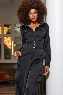 Black Satin Wide Leg Utility Jumpsuit -Trendora Shop web 2310 26 a23jw008bk0001 26 107