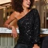 Black Sequin Asymmetrical One Shoulder Top