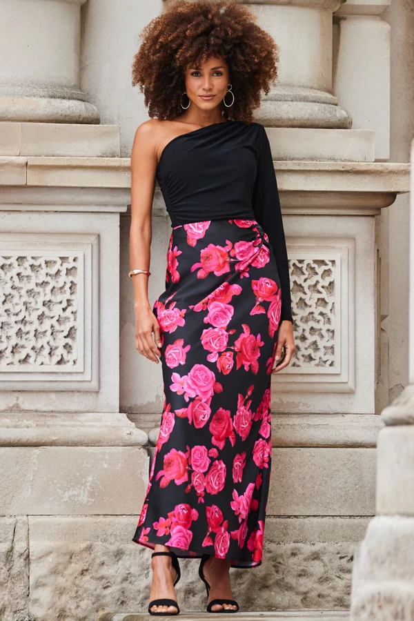 Black Floral Print Ruched Detail Satin Maxi Skirt 2 Black Floral Print Ruched Detail Satin Maxi Skirt - Image 2
