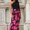 Black Floral Print Ruched Detail Satin Maxi Skirt