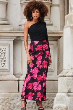 Black Floral Print Ruched Detail Satin Maxi Skirt