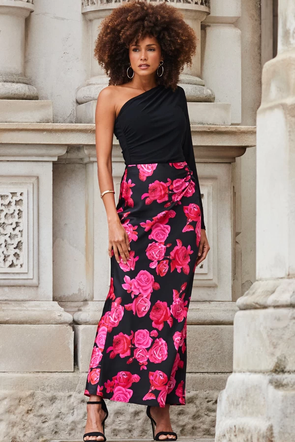 Black Floral Print Ruched Detail Satin Maxi Skirt 1 Black Floral Print Ruched Detail Satin Maxi Skirt