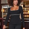 Black Diamante Trim Square Neck Top