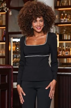 Black Diamante Trim Square Neck Top -Trendora Shop web 2310 34 a23tj001bk0001 s23bj001bk0001 34 107