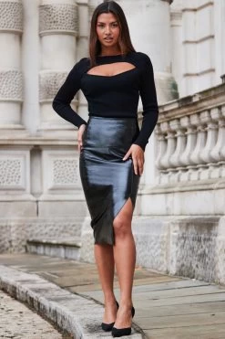 Black Patent Faux Leather Longline Pencil Skirt -Trendora Shop web 2310 34 a23sp002bk0001 a22tk691bk0001 34 049