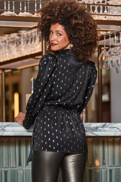 Black & Gold Metallic Fleck Satin Wrap Front Top 9 Black & Gold Metallic Fleck Satin Wrap Front Top -Trendora Shop web 2310 35 a23tw077bk0001 a23bp020mc0001 35 094