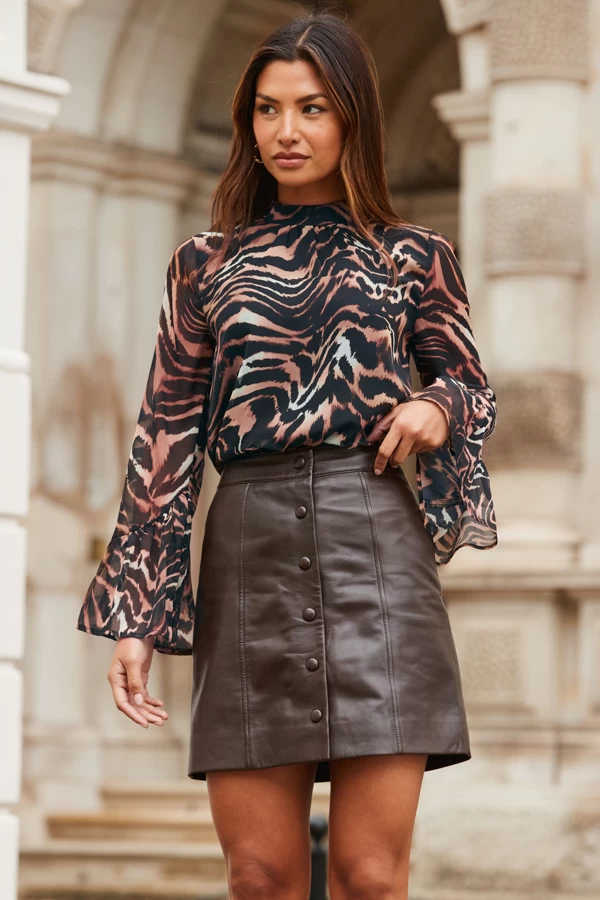 Natural Abstract Animal Print Flared Cuff Top 3 Natural Abstract Animal Print Flared Cuff Top - Image 3