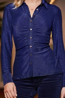 Midnight Blue Metallic Jersey Ruched Detail Shirt -Trendora Shop web 2310 43 a23tj059be0027 a22bd009be0028 43 104 rt