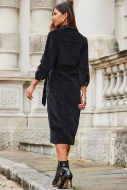 Black Velvet Puff Sleeve Popper Front Midi Dress -Trendora Shop web 2310 47 a23dd013bk0001 47 116