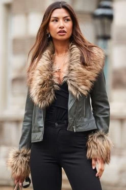 Khaki Green Leather Biker Jacket With Faux Fur Trim -Trendora Shop web 2310 49 a23ol006gn0002 s20bd002bk0001 49 058