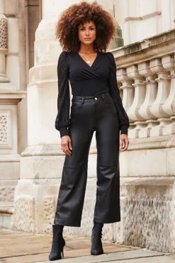 Black Leather Straight Leg Cropped Trousers -Trendora Shop web 2310 51 a23bl003bk0001 s23tj176bk0001 51 072 rt