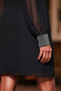 Black Embellished Trim Sheer Sleeve Shift Dress -Trendora Shop web 2310 53 a23dw013bk0001 53 107